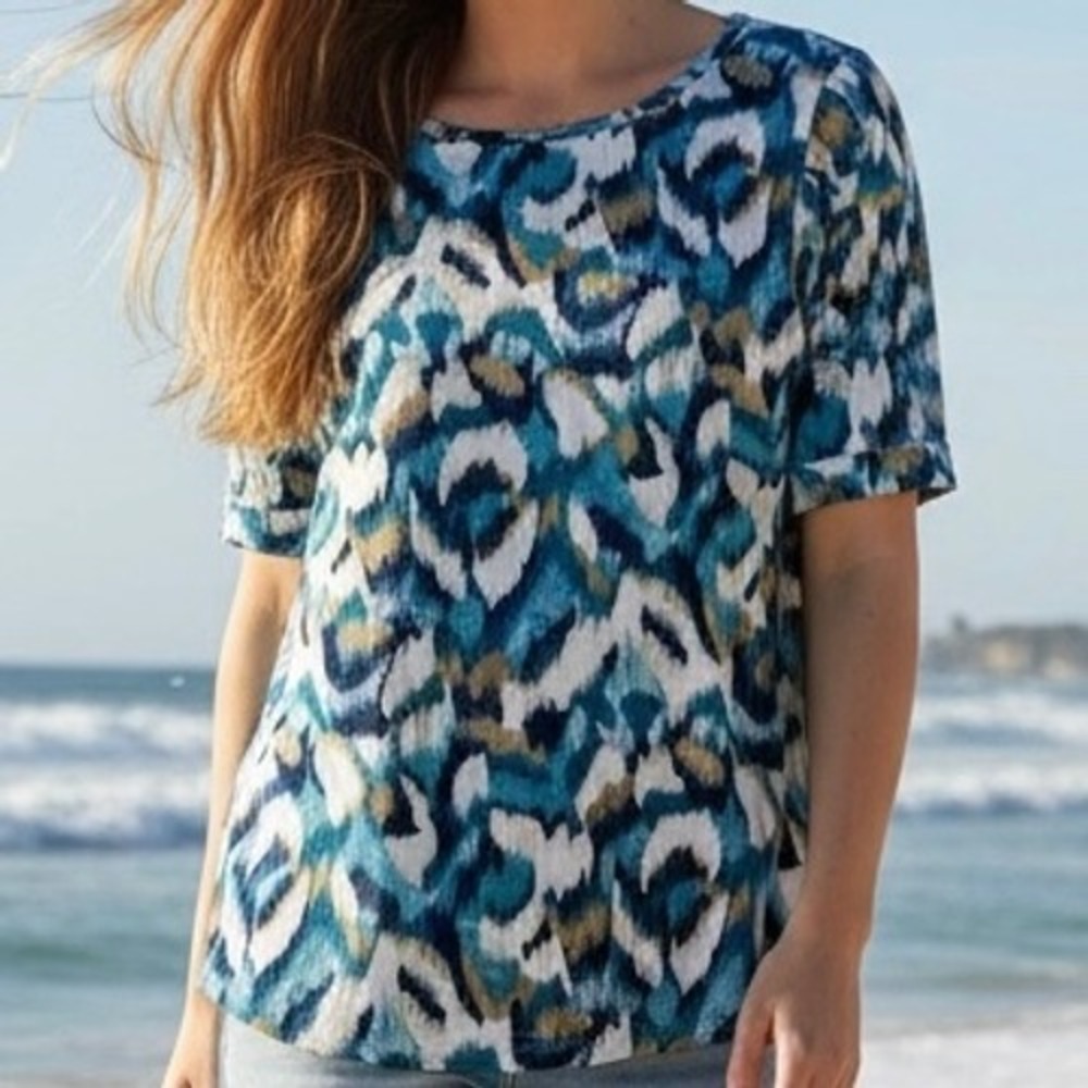 Chico's Ikat‎ Top Blue Tan Cotton Stretch Size 2/US Lg Coastal Classic Casual